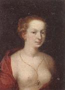 A Young girl in a state of undress,wearing a burgundy mantle,and a gold chain and pendant